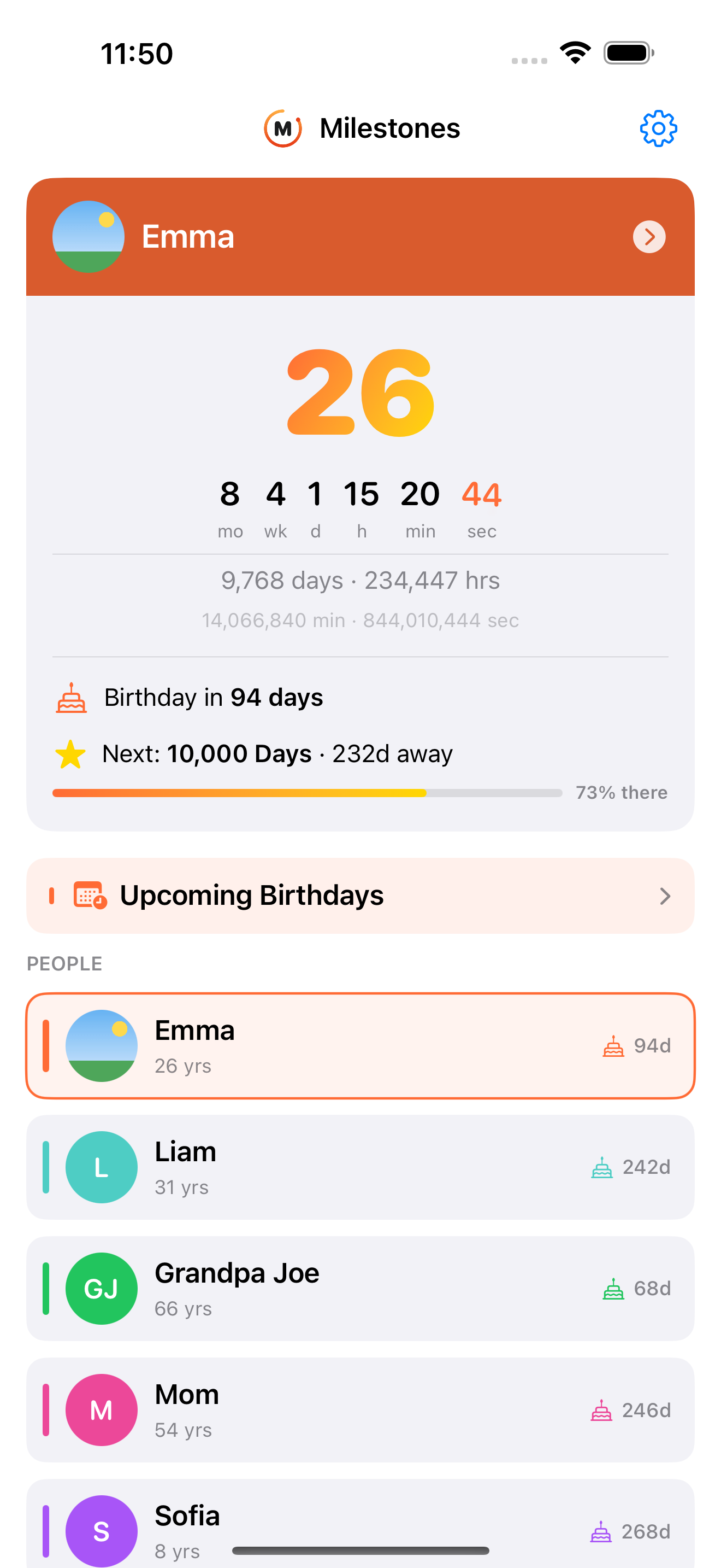 Milestones home screen